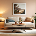 A cozy living room with warm lighting, featuring a comfortable sofa with cushions, a soft rug, and a small table lamp on a side table. The walls are painted in a soft, neutral color, and there are indoor plants adding a touch of nature.