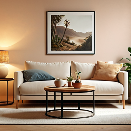 Home 4 A cozy living room with warm lighting, featuring a comfortable sofa with cushions, a soft rug, and a small table lamp on a side table. The walls are painted in a soft, neutral color, and there are indoor plants adding a touch of nature.