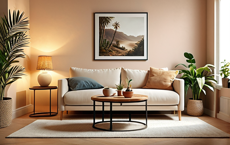 A cozy living room with warm lighting, featuring a comfortable sofa with cushions, a soft rug, and a small table lamp on a side table. The walls are painted in a soft, neutral color, and there are indoor plants adding a touch of nature.