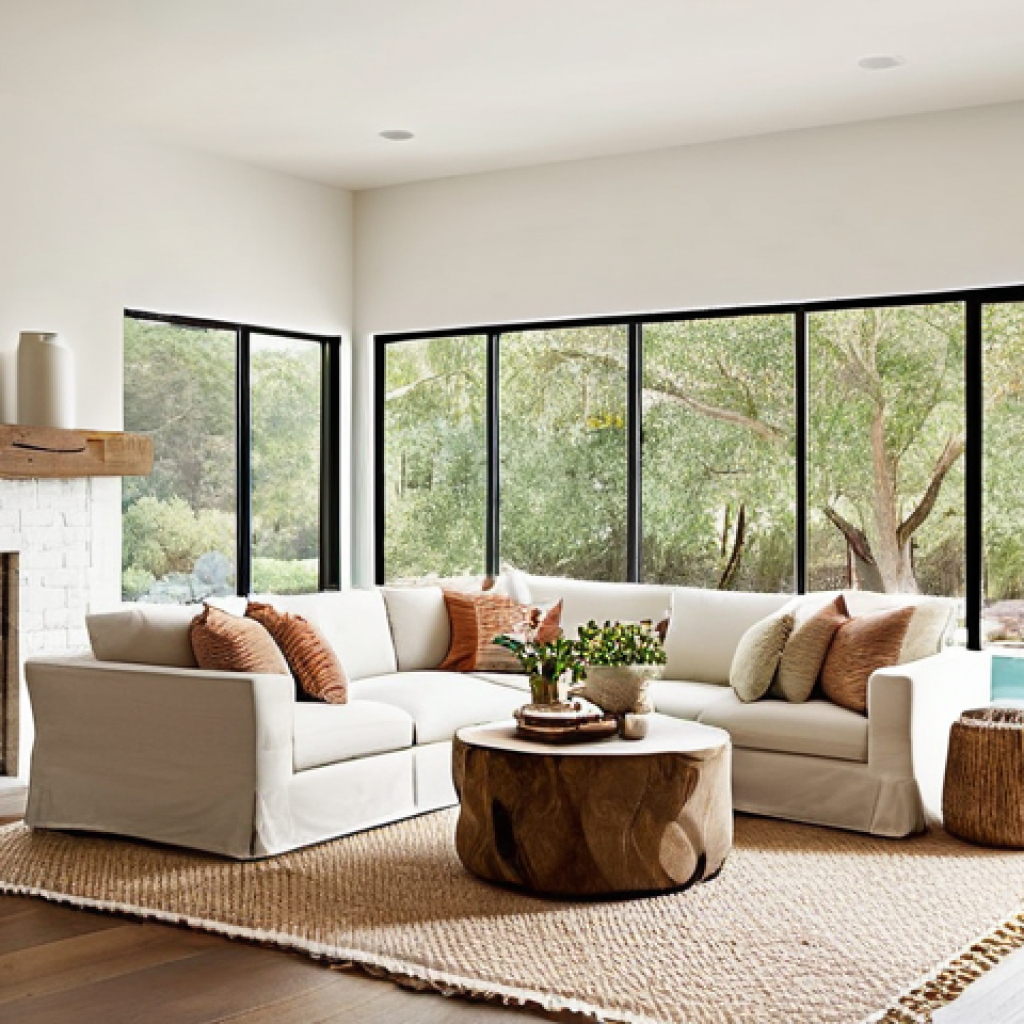 공간디자인 소재 리서치 방법 - **Warm, Natural Retreat Living Room**
A spacious, sun-drenched living room designed as a cozy, n...