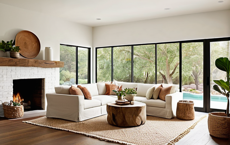 공간디자인 소재 리서치 방법 - **Warm, Natural Retreat Living Room**
A spacious, sun-drenched living room designed as a cozy, n...