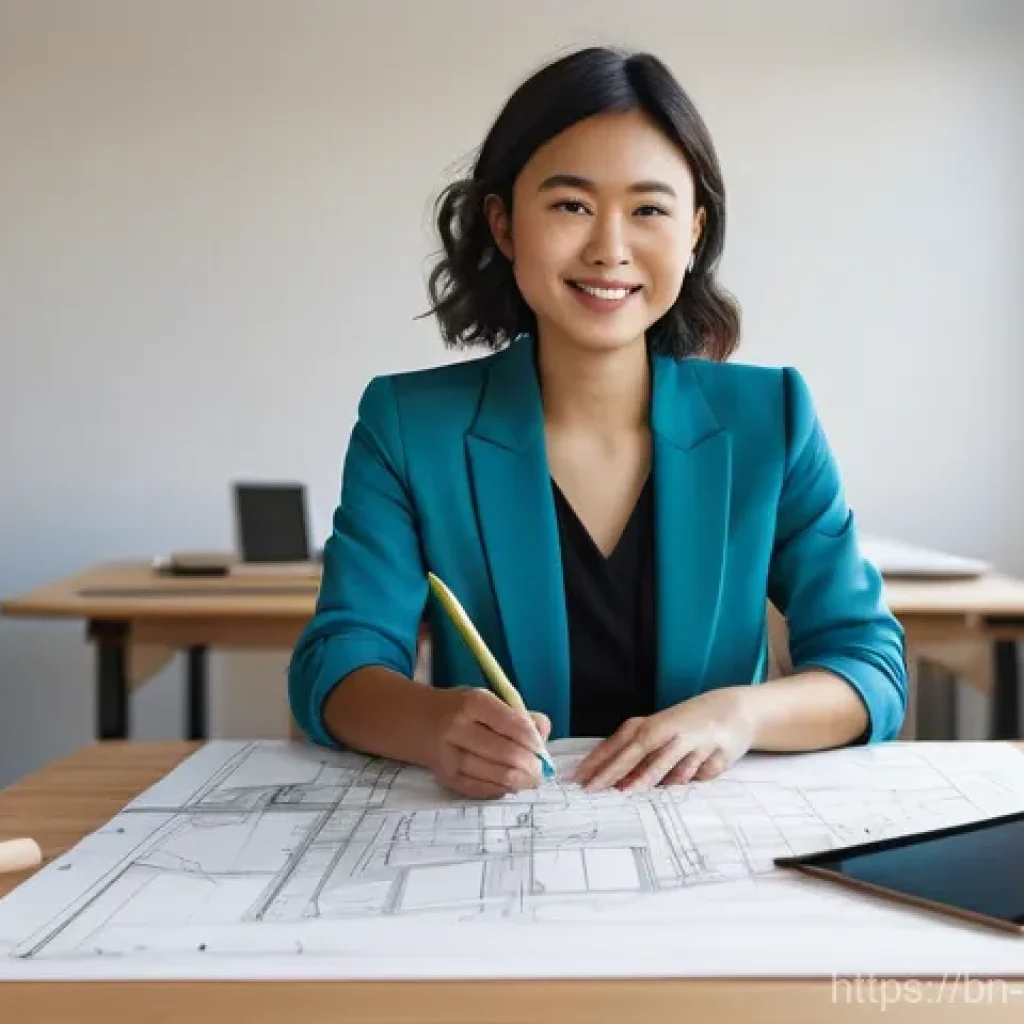 공간디자이너의 경력개발 로드맵 - **Prompt:** A young, diverse female space designer is seated at a modern drafting table in a bright,...