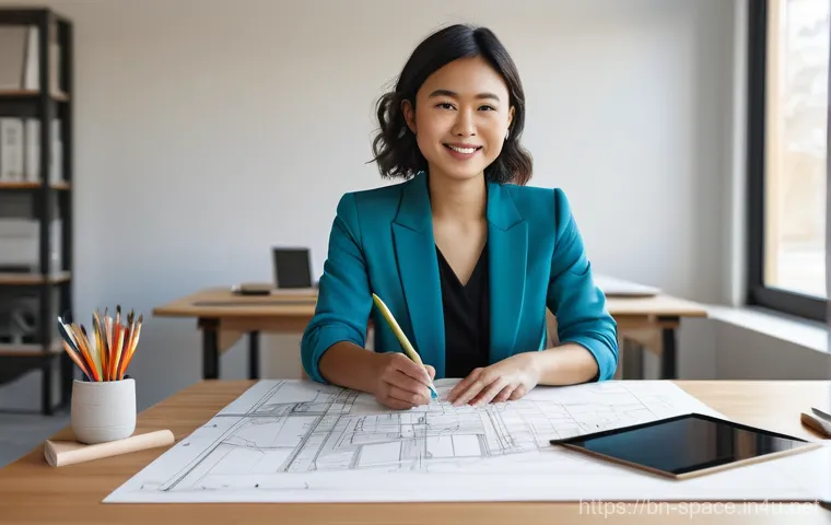 공간디자이너의 경력개발 로드맵 - **Prompt:** A young, diverse female space designer is seated at a modern drafting table in a bright,...