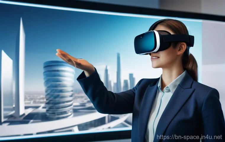 공간디자인에서의 디지털 툴 트렌드 - **Prompt 1: Immersive Architectural VR Presentation**
"A professional female architect, dressed ...