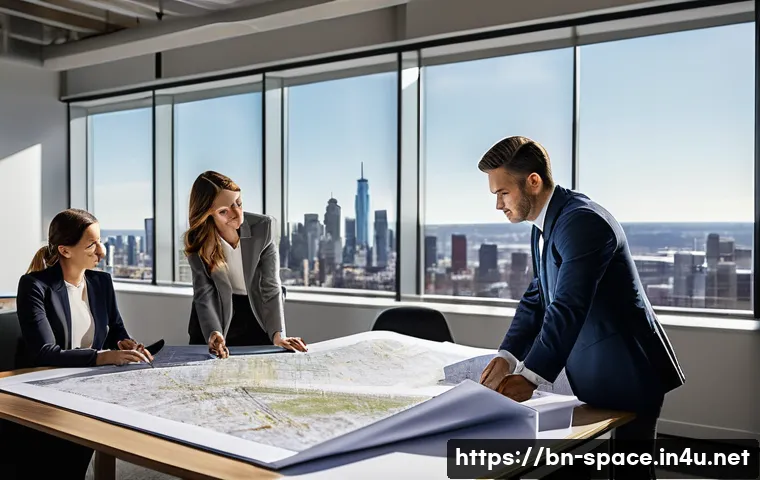 공간디자인과 관련된 법규 이해 - **Prompt:** A diverse team of architects, urban planners, and a legal consultant in a well-lit, mode...