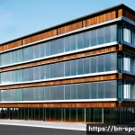 공간디자인에서의 BIM 활용 - **Prompt:** A sleek, modern architectural 3D model of a multi-story, glass-fronted office building, ...