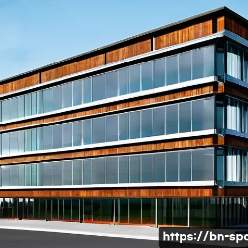 Home 13 공간디자인에서의 BIM 활용 - **Prompt:** A sleek, modern architectural 3D model of a multi-story, glass-fronted office building, ...