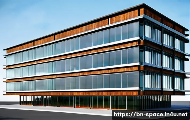 공간디자인에서의 BIM 활용 - **Prompt:** A sleek, modern architectural 3D model of a multi-story, glass-fronted office building, ...